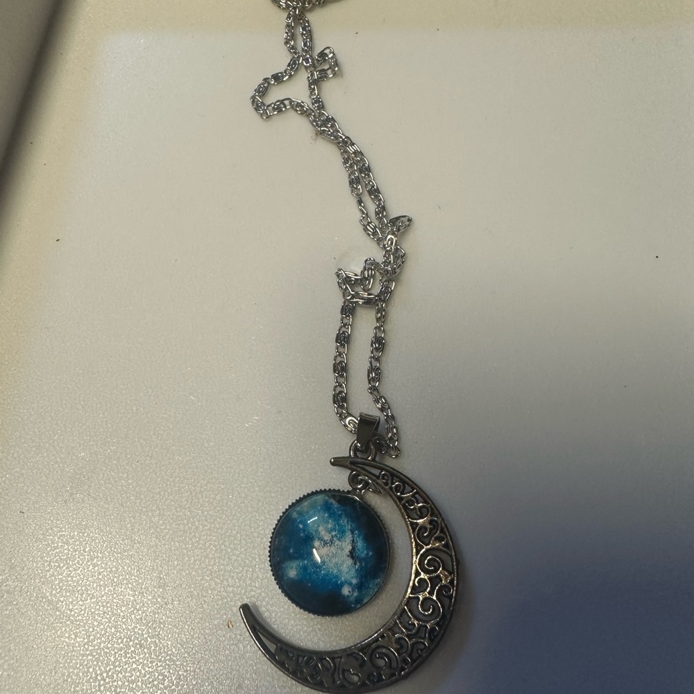 Silver Crescent‎ Moon Necklace with Blue Pendant
